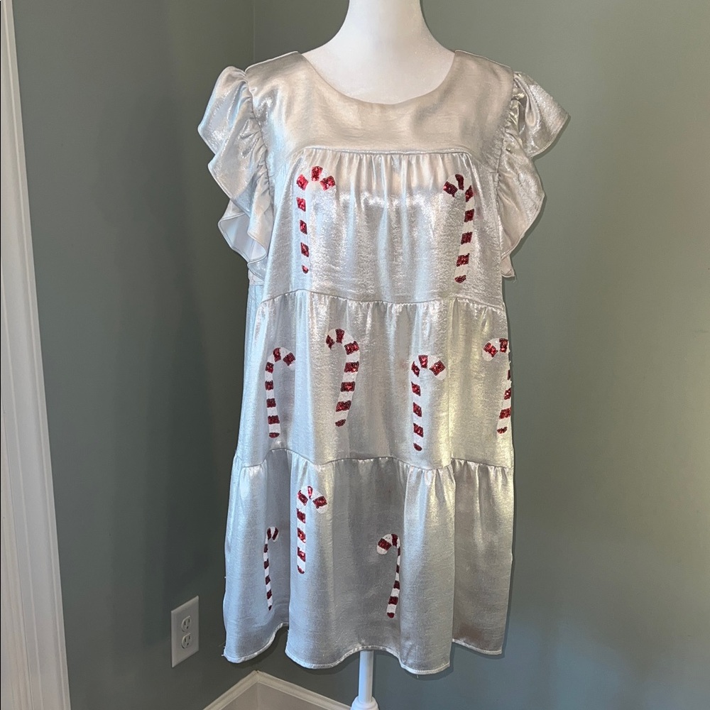 Peach Love California Silver Mini Dress with Candy Cane Design